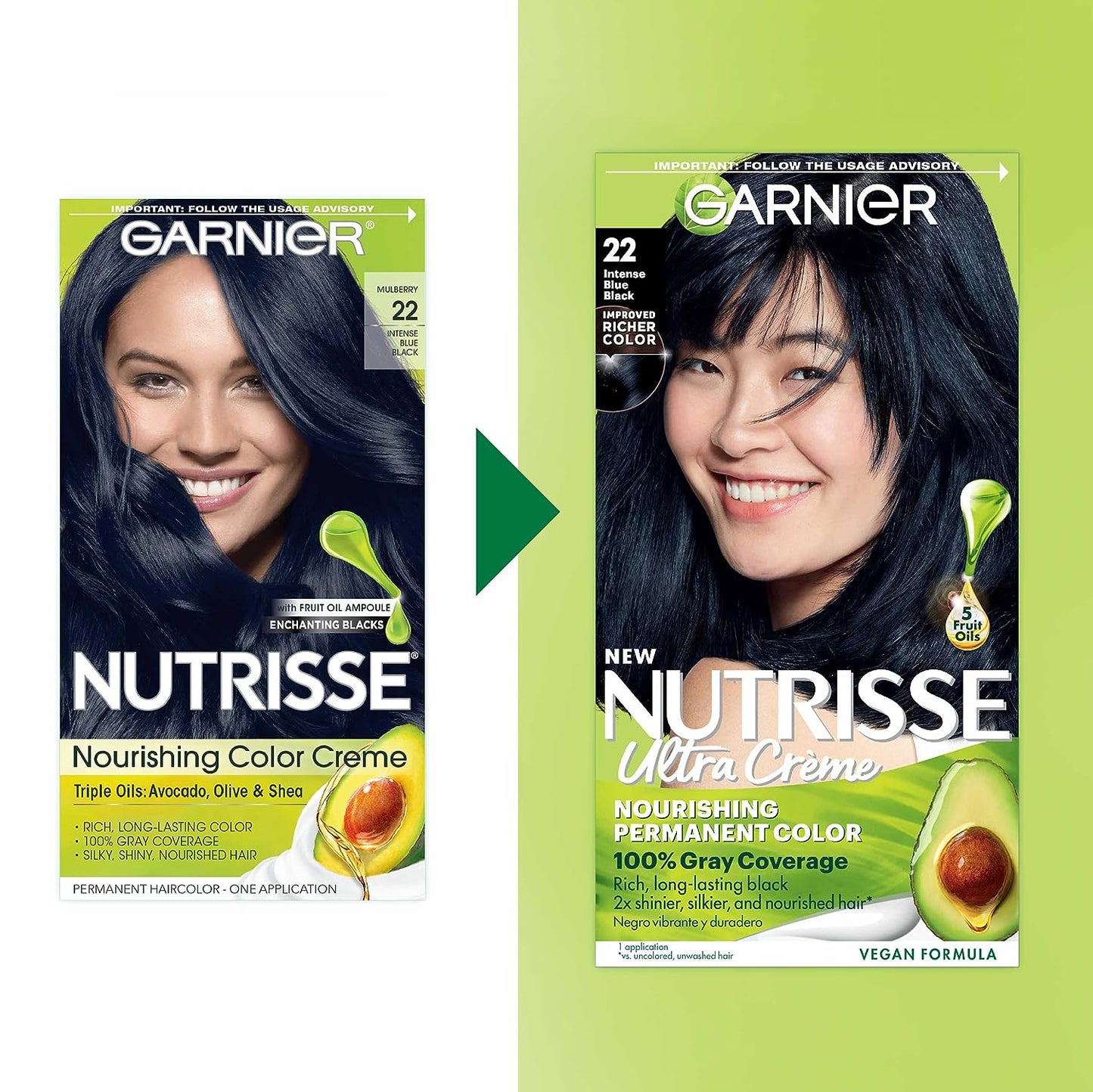 Garnier Hair Color Nutrisse Nourishing Creme, 22 Intense Blue Black (Mulberry) Permanent Hair Dye, 2 Count (Packaging May Vary)